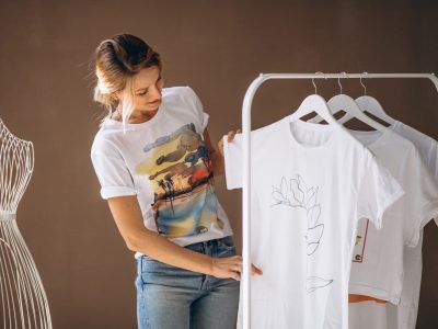 Woman chosing a white shirt Woman chosing a white shirt